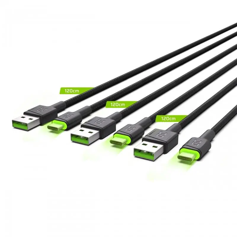 Kabel Green Cell Zestaw 3x GC Ray USB-C 1,2m Czarny