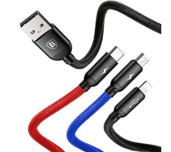 Kabel Baseus USB 3w1 USB-C Lightning Micro 3,5A 0,3m Czarny