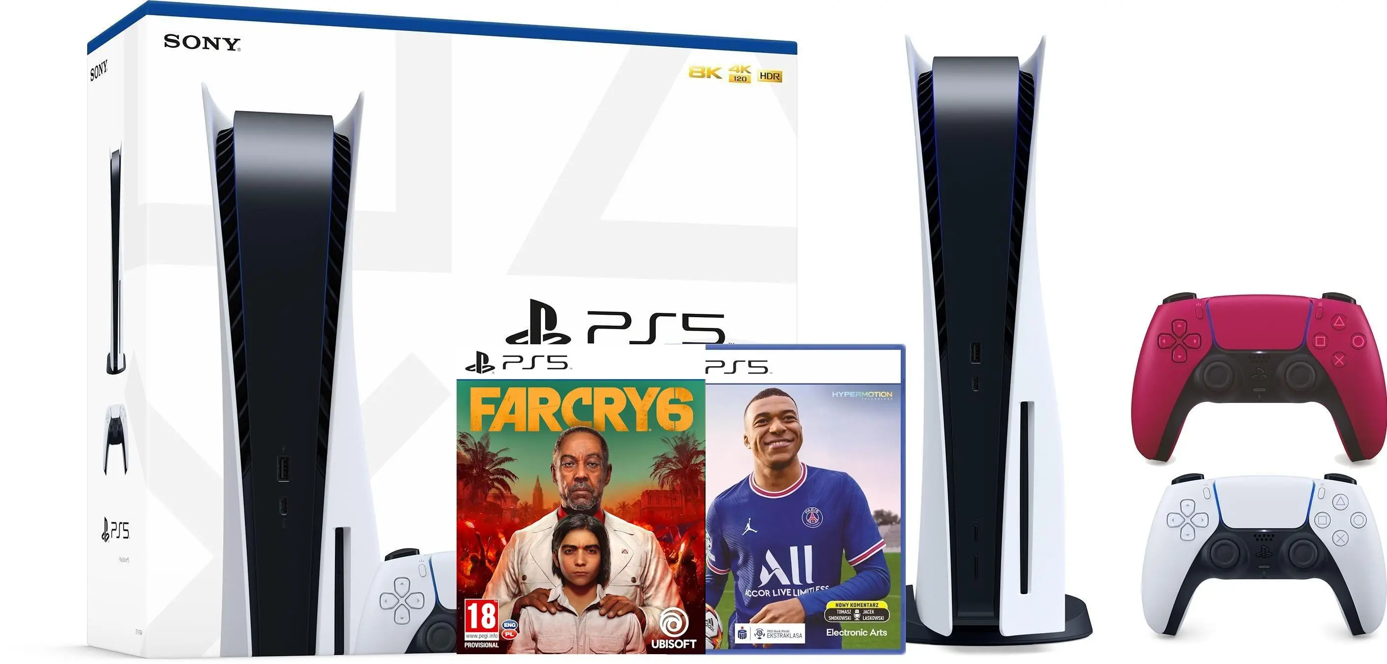 Konsola Sony PlayStation 5 (PS5) z napędem + FIFA 22 + Far Cry 6 + Dodatkowy Pad Czerwony