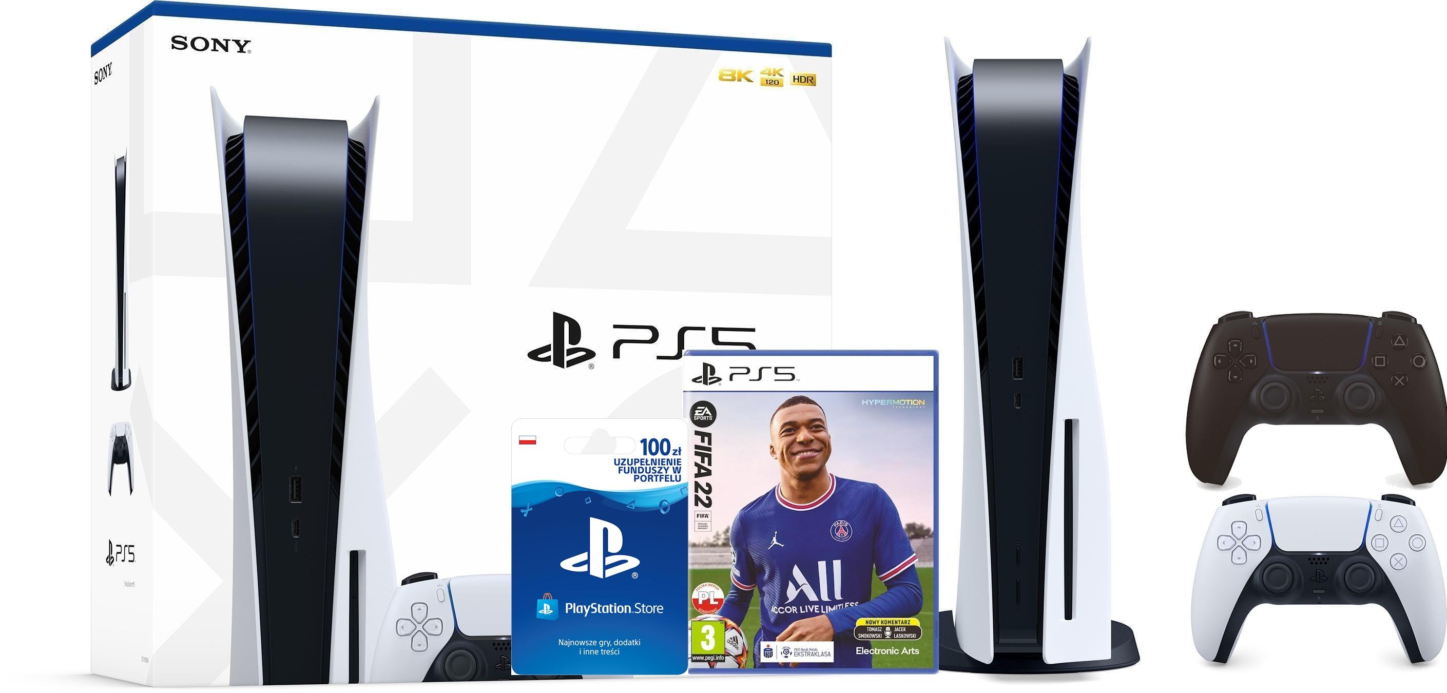 Konsola Sony PlayStation 5 (PS5) z napędem + FIFA 22 + dodatkowy pad (czarny) + doładowanie PSN 100 zł