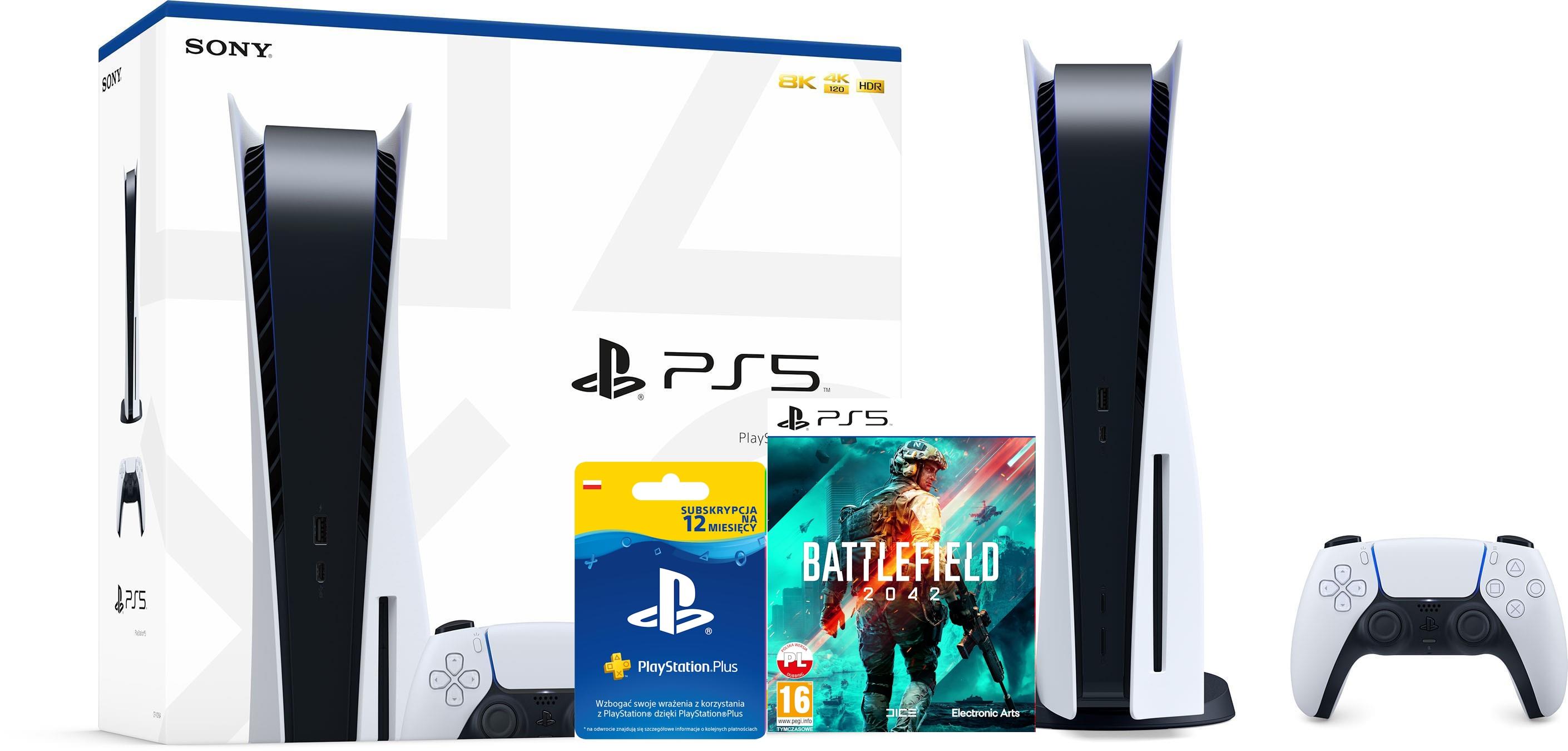 Konsola Sony PlayStation 5 (PS5) z napędem - Battlefield 2042 - subskrypcja PS Plus 12 m-ce