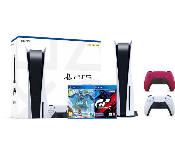 konsola PS5 Sony PlayStation 5 + Gran Turismo 7 + Horizon Forbidden West + dodatkowy pad (czerwony)