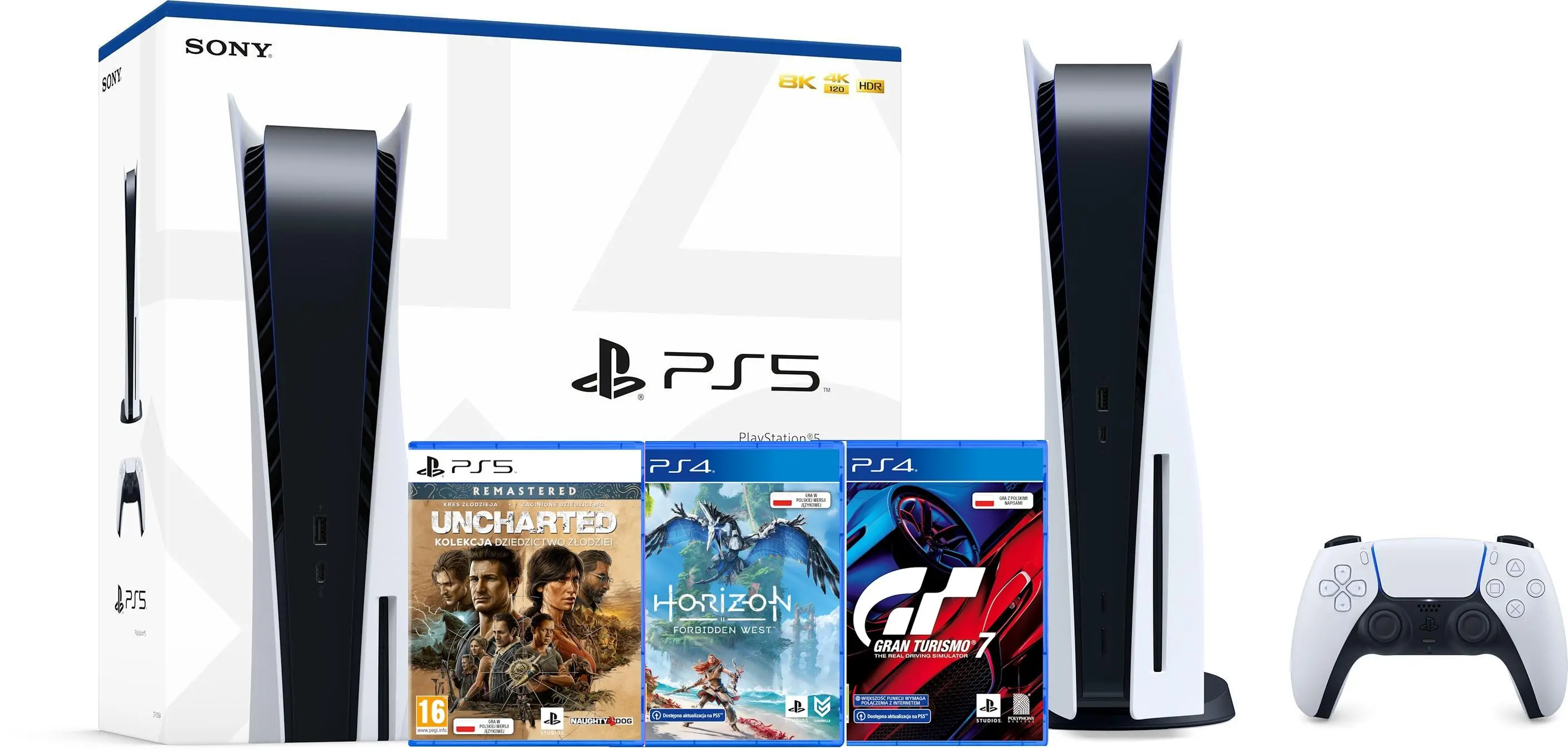 Konsola Sony PlayStation 5 (PS5) z napędem + Gran Turismo 7 + Horizon Forbidden West + Uncharted: Kolekcja Dziedzictwo Złodziei