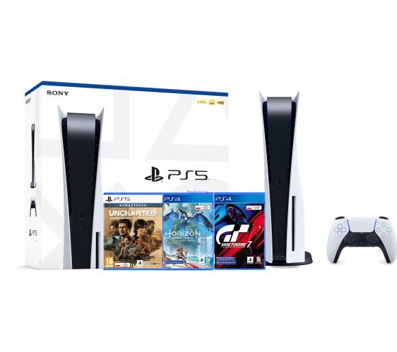 konsola PS5 Sony PlayStation 5 (PS5) + Gran Turismo 7 + Horizon Forbidden West + Uncharted: Kolekcja Dziedzictwo Złodziei