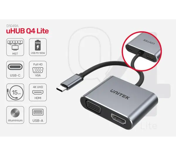 Unitek D1049A, USB-C, HDMI, VGA, USB-A, PD 100W