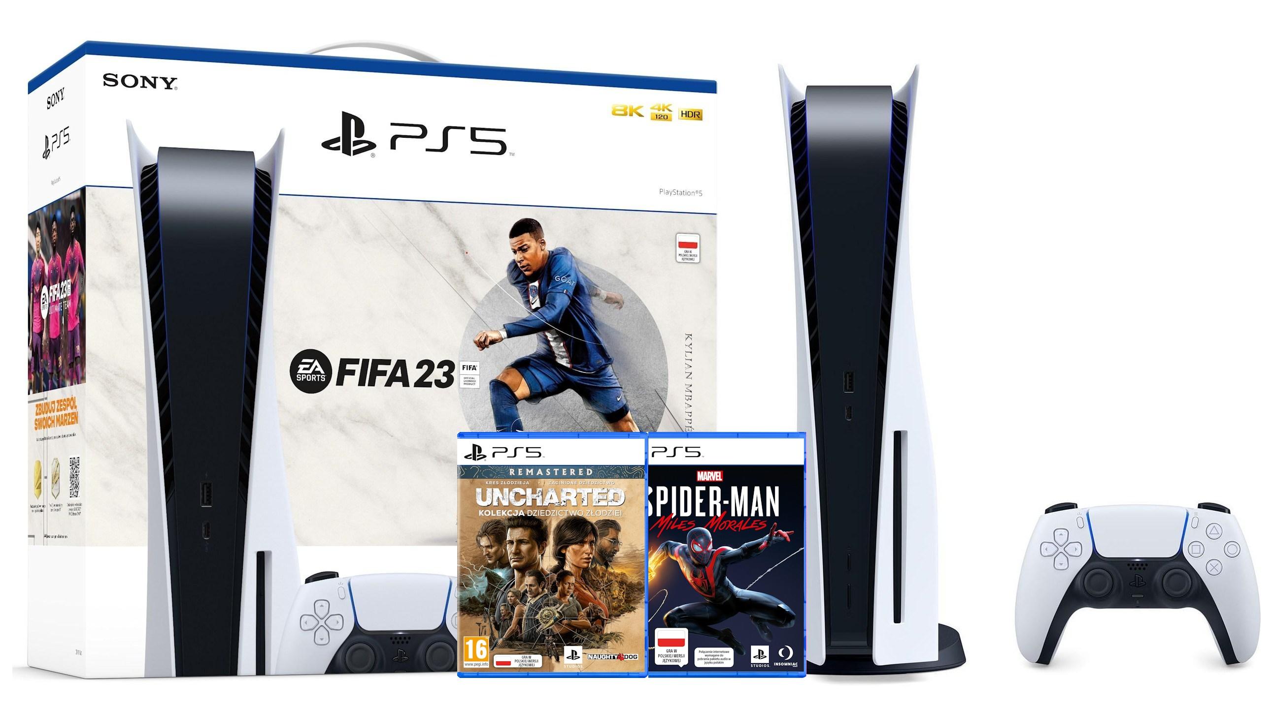 Konsola Sony PlayStation 5 (PS5) z napędem -FIFA 23-Marvel’s Spider-Man:Miles Morales-Uncharted:Kolekcja Dziedzictwo Złodziei