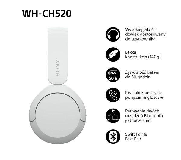 Sony WH-CH520 Nauszne Bluetooth 5.2 Biały - ⚡ BESTSELLERY ⚡