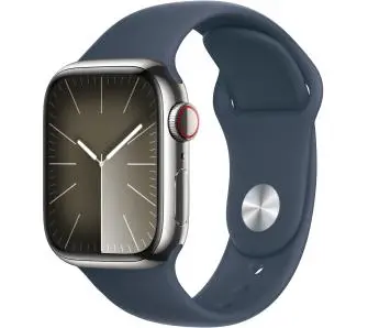 Smartwatch Apple Watch Series 9 GPS + Cellular koperta 41mm ze stali nierdzewnej Srebrny pasek sportowy Niebieski S/M