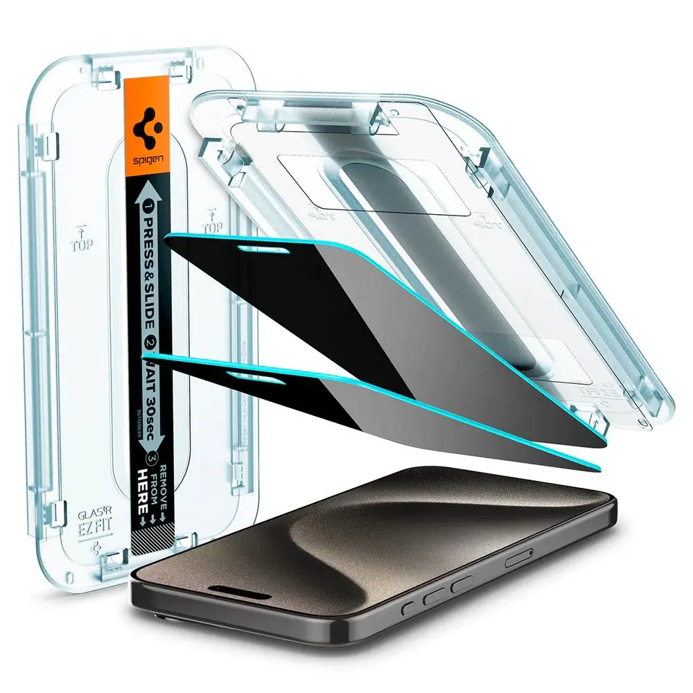 Szkło hartowane Spigen z aplikatorem Glas.tR EZ Fit z filtrem prywatyzującym do iPhone 15 - 2 pack