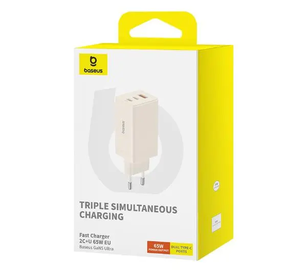 Baseus GaN5 2x USB-C + USB 65W + kabel 1m Biały