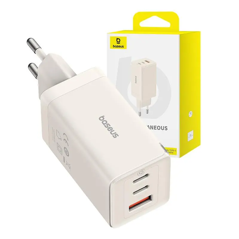 Ładowarka sieciowa Baseus GaN5 2x USB-C + USB 65W + kabel 1m Biały