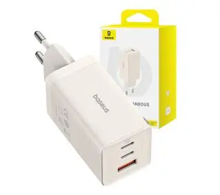Baseus GaN5 2x USB-C + USB 65W + kabel 1m Biały