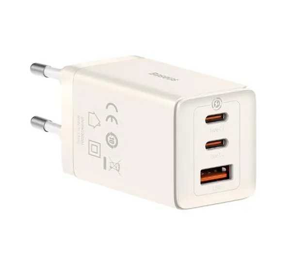 Baseus GaN5 2x USB-C + USB 65W + kabel 1m Biały
