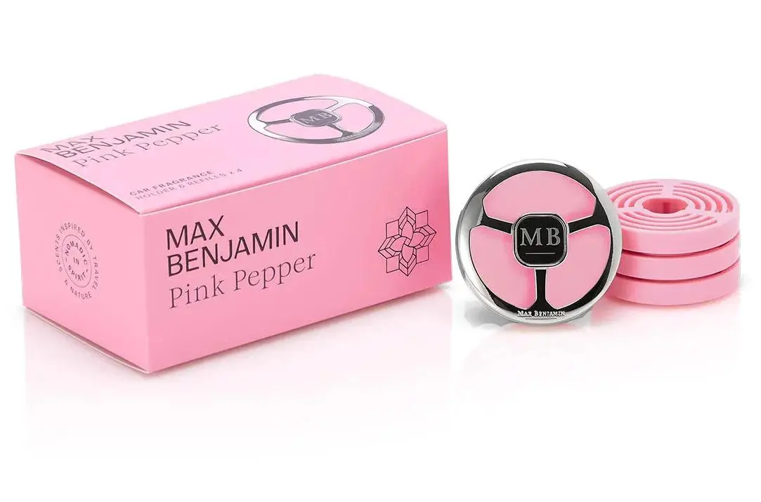 Odświeżacz samochodowy Max Benjamin Uchwyt i 4 wkłady RB-CFGB05 Pink Pepper Zapach nuty różowego pieprzu, neroli, gruszki, jaśminu i kawy
