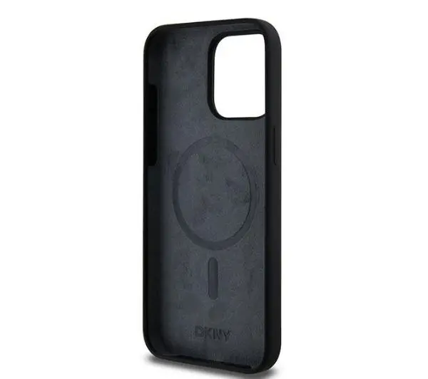 DKNY Liquid Silicone White Printed Logo MagSafe do iPhone 15 Pro Max Czarny