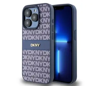 DKNY Hardcase Leather Mono Stripe & Metal Logo iPhone 15 Pro NiebieskI