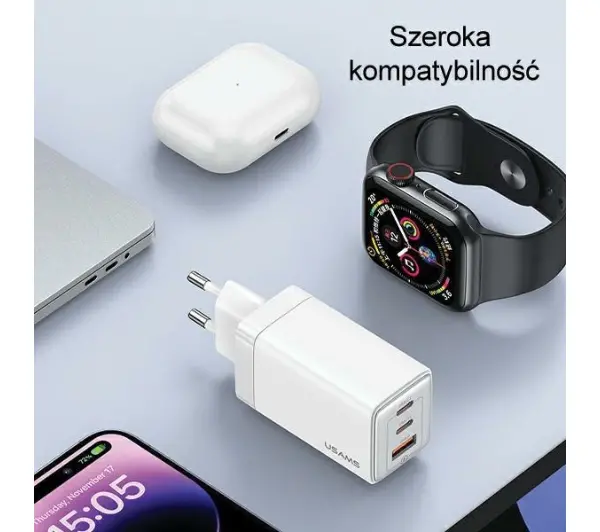 USAMS CC180TC01 2xUSB-C+USB 65W GAN PD3.0 Czarny