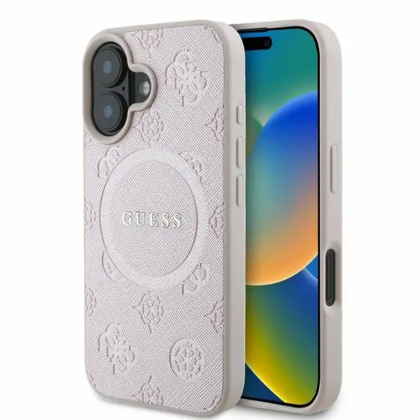 Etui Guess Saffiano Peony Classic Logo MagSafe do iPhone 16 Różowy