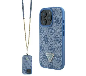 Etui Guess Leather Metal Logo Strass Crossbody do iPhone 16 Pro Max Niebieski