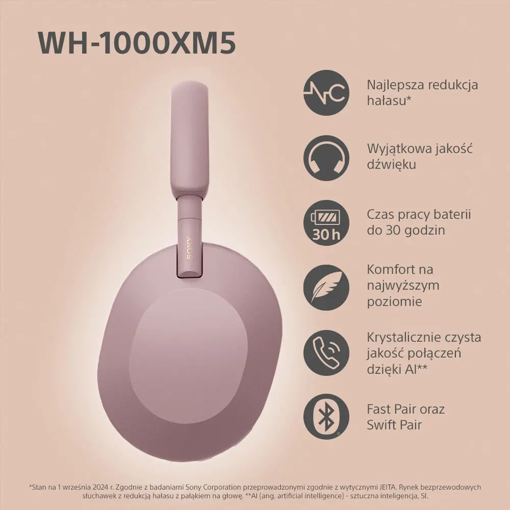Słuchawki bezprzewodowe Sony WH-1000XM5 ANC Nauszne Bluetooth 5.2 Smoky Pink