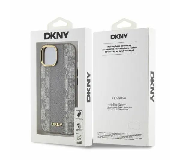 DKNY Leather Checkered Mono Pattern MagSafe do iPhone 14 Beżowy