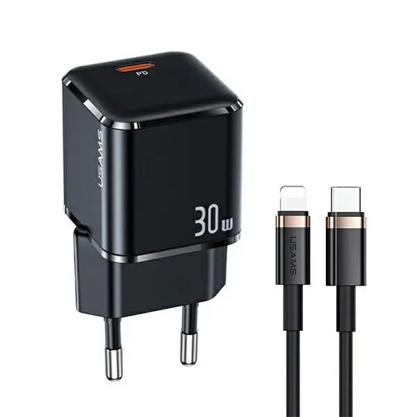 Ładowarka sieciowa USAMS 1xUSB-C T45 30W PD3.0 Fast Charging + kabel U63 USB-C/Lightning Czarny