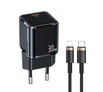 Ładowarka sieciowa USAMS 1xUSB-C T45 30W PD3.0 Fast Charging + kabel U63 USB-C/Lightning Czarny