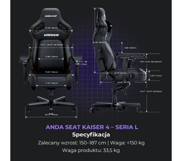 Anda Seat Kaiser 4 L Gamingowy do 120kg Skóra Eco Czarny - Kup na Raty - RRSO 0%