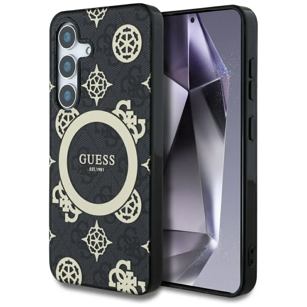 Etui Guess 4G Background Gold Electroplated Peony Pattern MagSafe do Galaxy S25 Czarny
