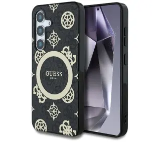 Guess 4G Background Gold Electroplated Peony Pattern MagSafe do Galaxy S25 Czarny