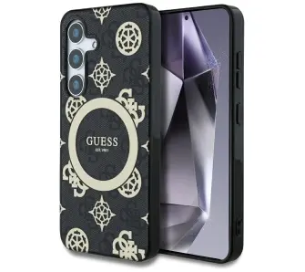 Etui Guess 4G Background Gold Electroplated Peony Pattern MagSafe do Galaxy S25 Czarny