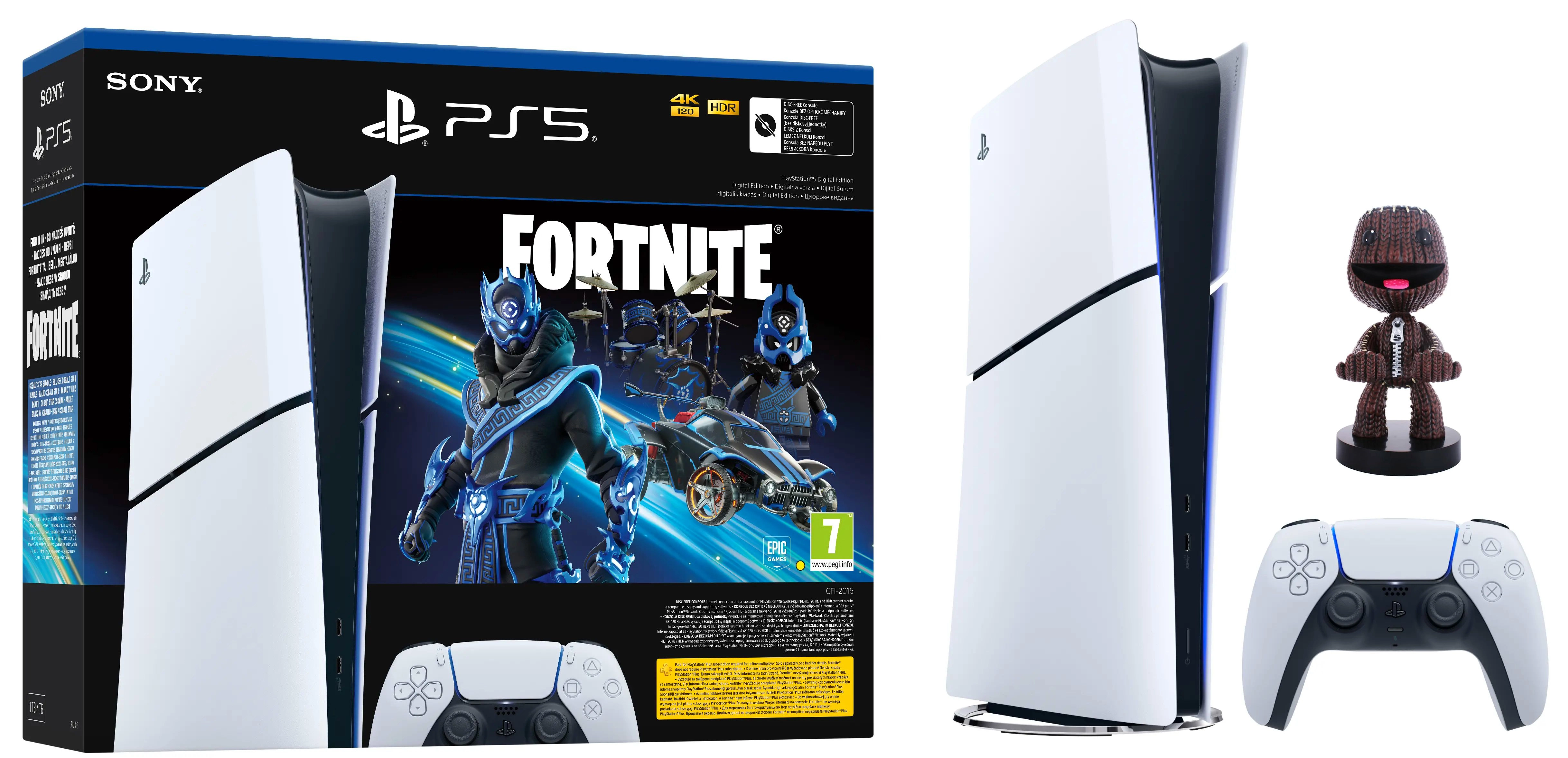 Konsola Sony PlayStation 5 Digital Slim D Chassis (PS5) 1TB Zestaw startowy Fortnite Cobalt + Stojak Na Pada Cable Guys Sackboy