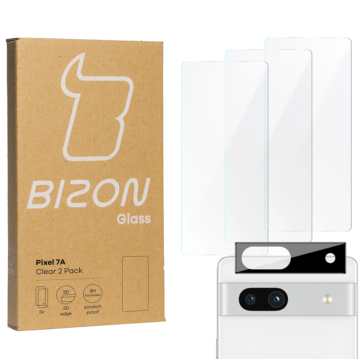 Zestaw ochronny Bizon 3x szkło + szybka na aparat Clear 2 Pack do Pixel 7A