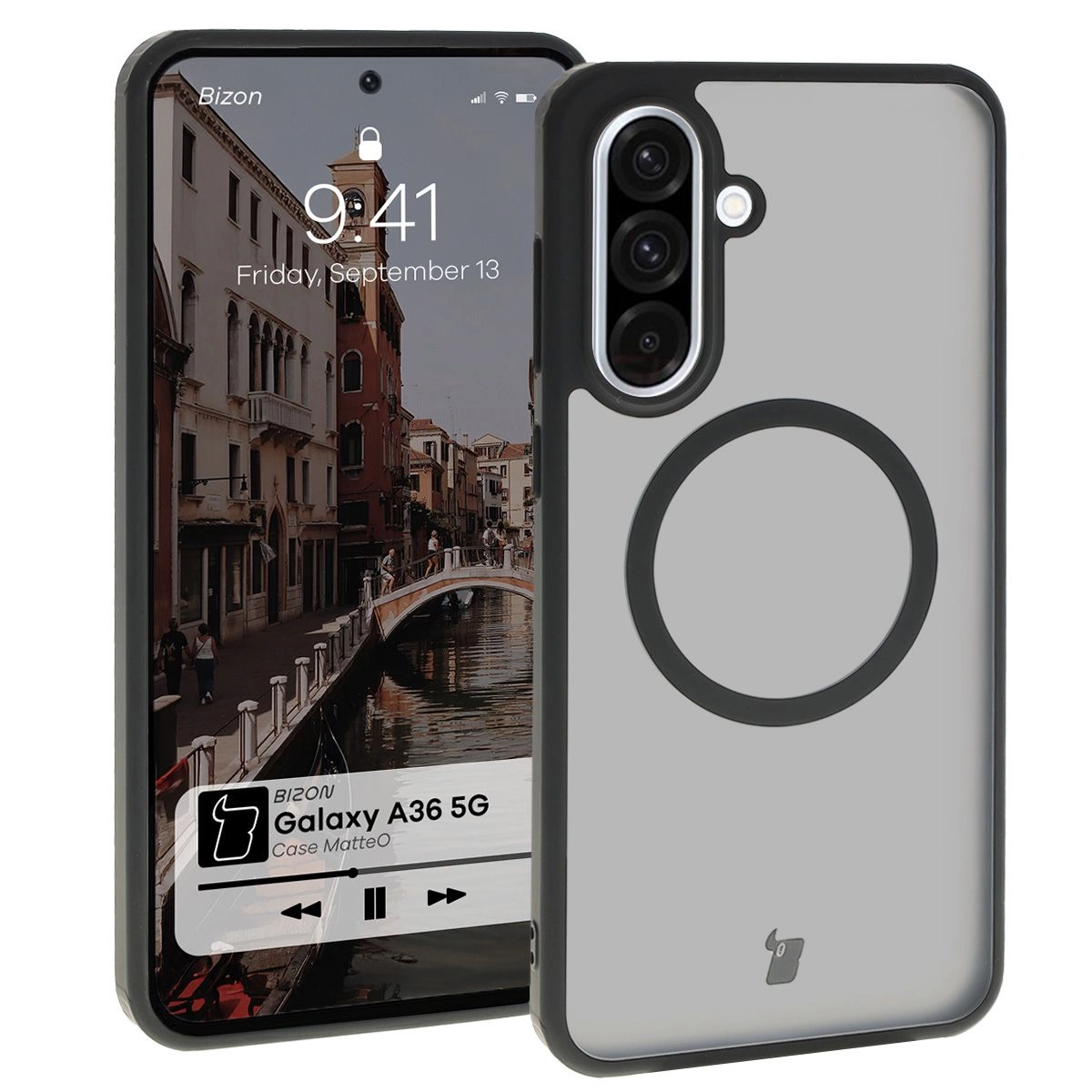 Etui Bizon MatteO z MagSafe do Galaxy A36 5G Półprzezroczyste z czarną ramką