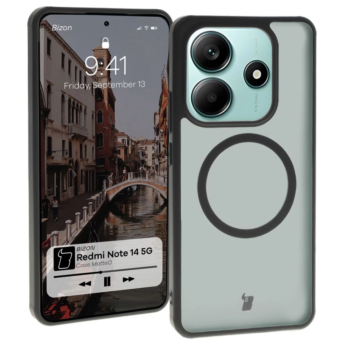 Etui Bizon MatteO z MagSafe do Xiaomi Redmi Note 14 5G Półprzezroczyste z czarną ramką