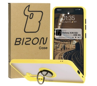 Etui Bizon z uchwytem na palec Hybrid Ring do Galaxy A36 5G / A56 5G Przydymione z żółtą ramką