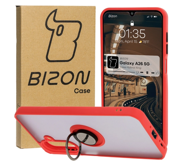 Bizon z uchwytem na palec Hybrid Ring do Galaxy A26 5G Przydymione z czerwoną ramką