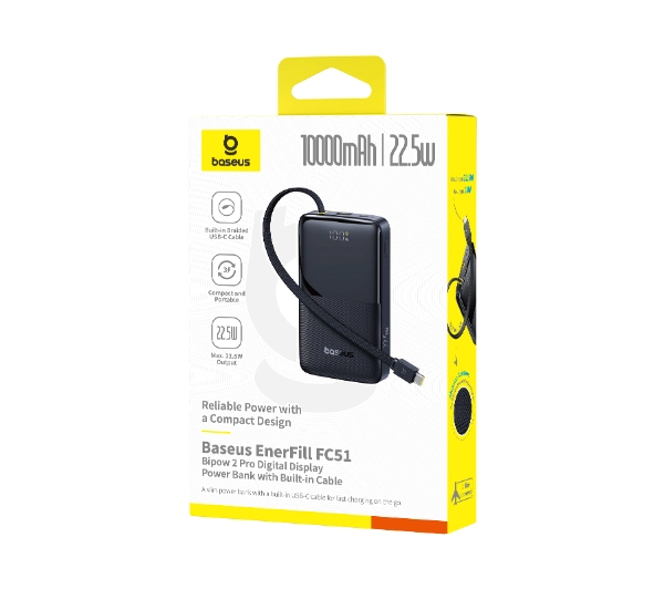 Baseus Bipow 2 Pro 10000mAh 22.5W Cyfrowy wyświetlacz, Wbudowany kabel USB-C Czarny - ⚡ BESTSELLERY ⚡