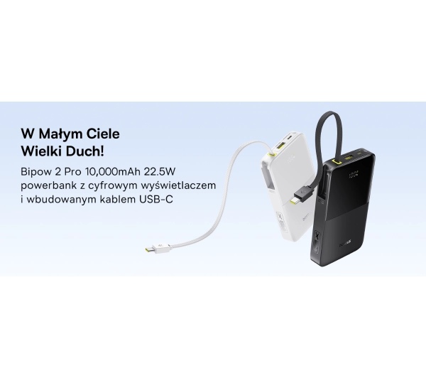Baseus Bipow 2 Pro 10000mAh 22.5W Cyfrowy wyświetlacz, Wbudowany kabel USB-C Czarny - ⚡ BESTSELLERY ⚡