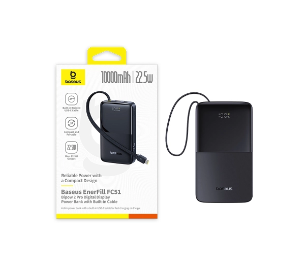 Baseus Bipow 2 Pro 10000mAh 22.5W Cyfrowy wyświetlacz, Wbudowany kabel USB-C Czarny - ⚡ BESTSELLERY ⚡