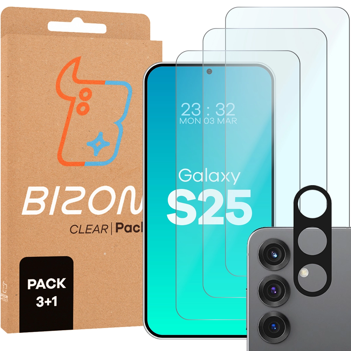 Zestaw ochronny Bizon 3x Szkło hartowane + szybka na aparat Clear 2 Pack do Galaxy S25