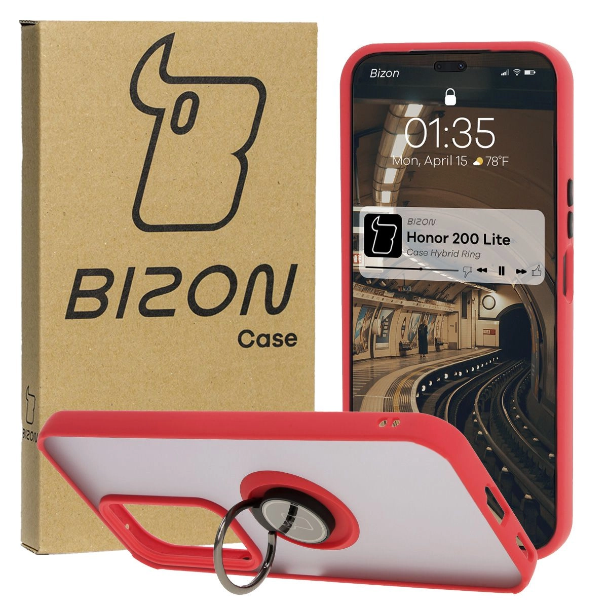 Etui Bizon z uchwytem na palec Hybrid Ring do Honor 200 Lite przydymione z Czerwoną ramką