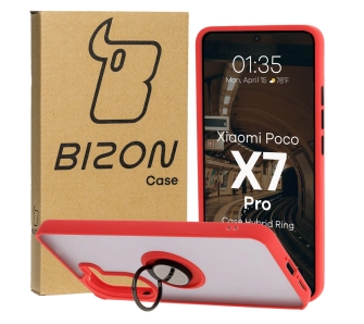 Etui Bizon z uchwytem na palec Hybrid Ring do Xiaomi Poco X7 Pro przydymione z Czerwoną ramką