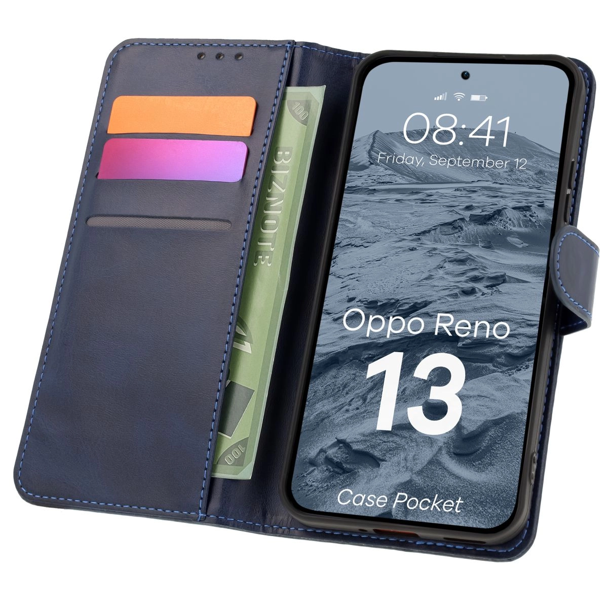Etui Bizon z klapką Pocket do Oppo Reno13 Granatowy