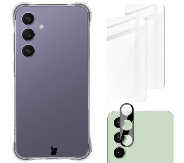 Bizon elastyczne etui Salpa + 2x szkło hartowane + szkiełko na obiektyw Clear Pack do Galaxy S24 FE