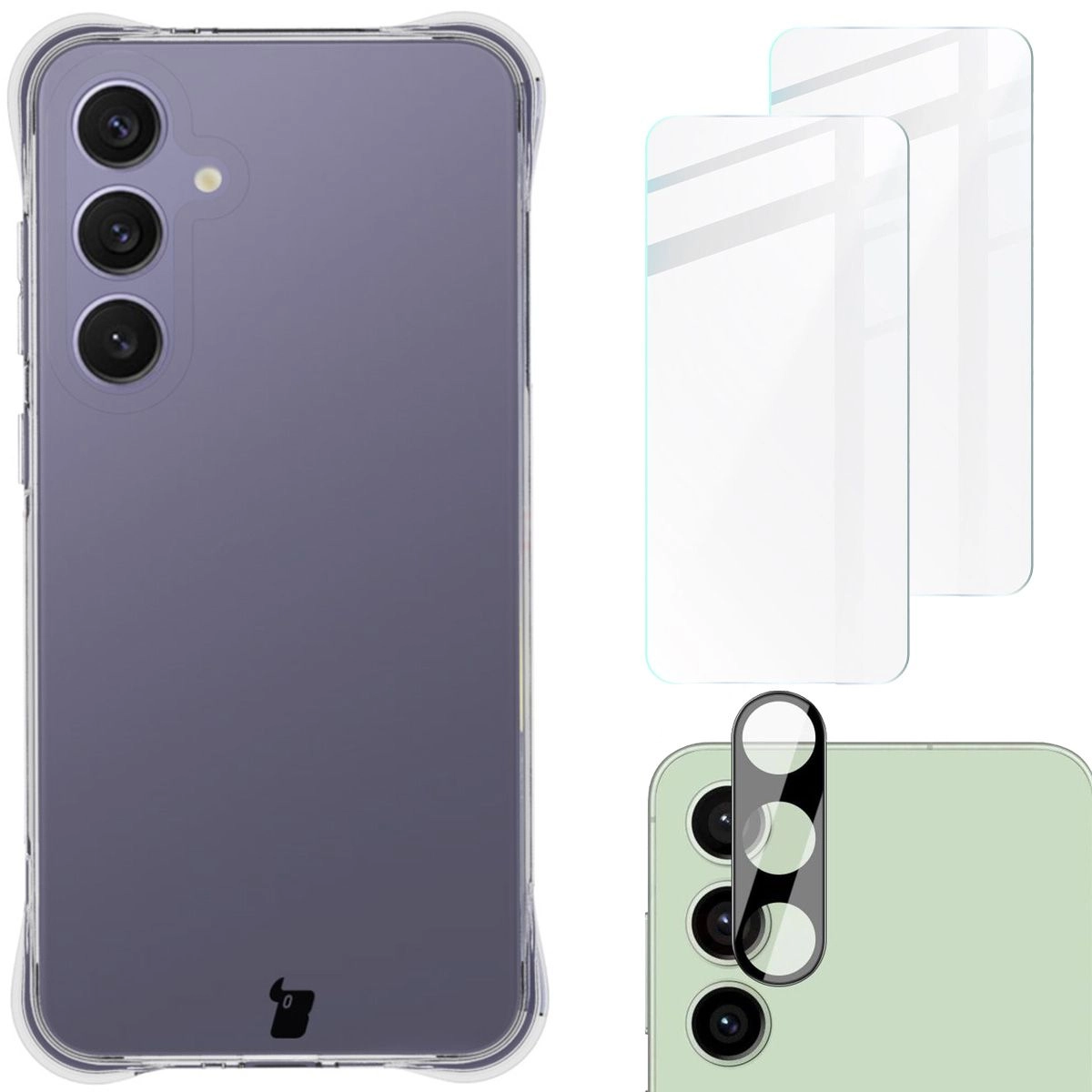 Zestaw ochronny Bizon elastyczne etui Salpa + 2x szkło hartowane + szkiełko na obiektyw Clear Pack do Galaxy S24 FE