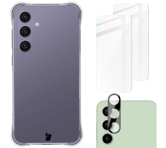 Zestaw ochronny Bizon elastyczne etui Salpa + 2x szkło hartowane + szkiełko na obiektyw Clear Pack do Galaxy S24 FE