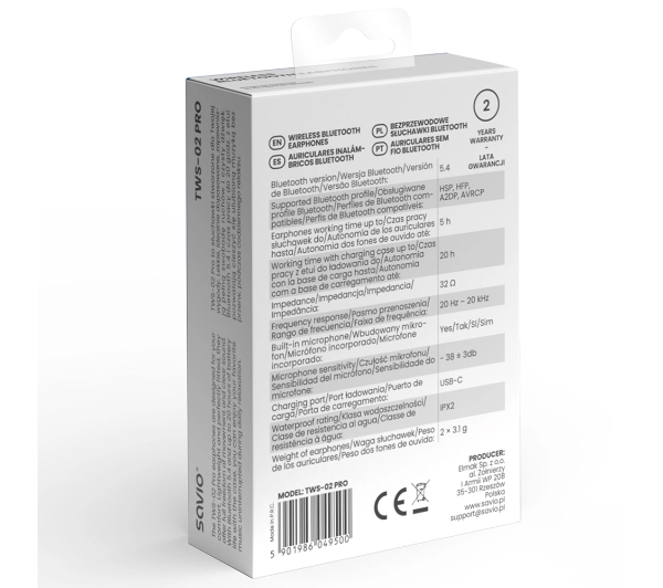 Savio TWS-02 PRO Douszne Bluetooth 5.4 Czarny