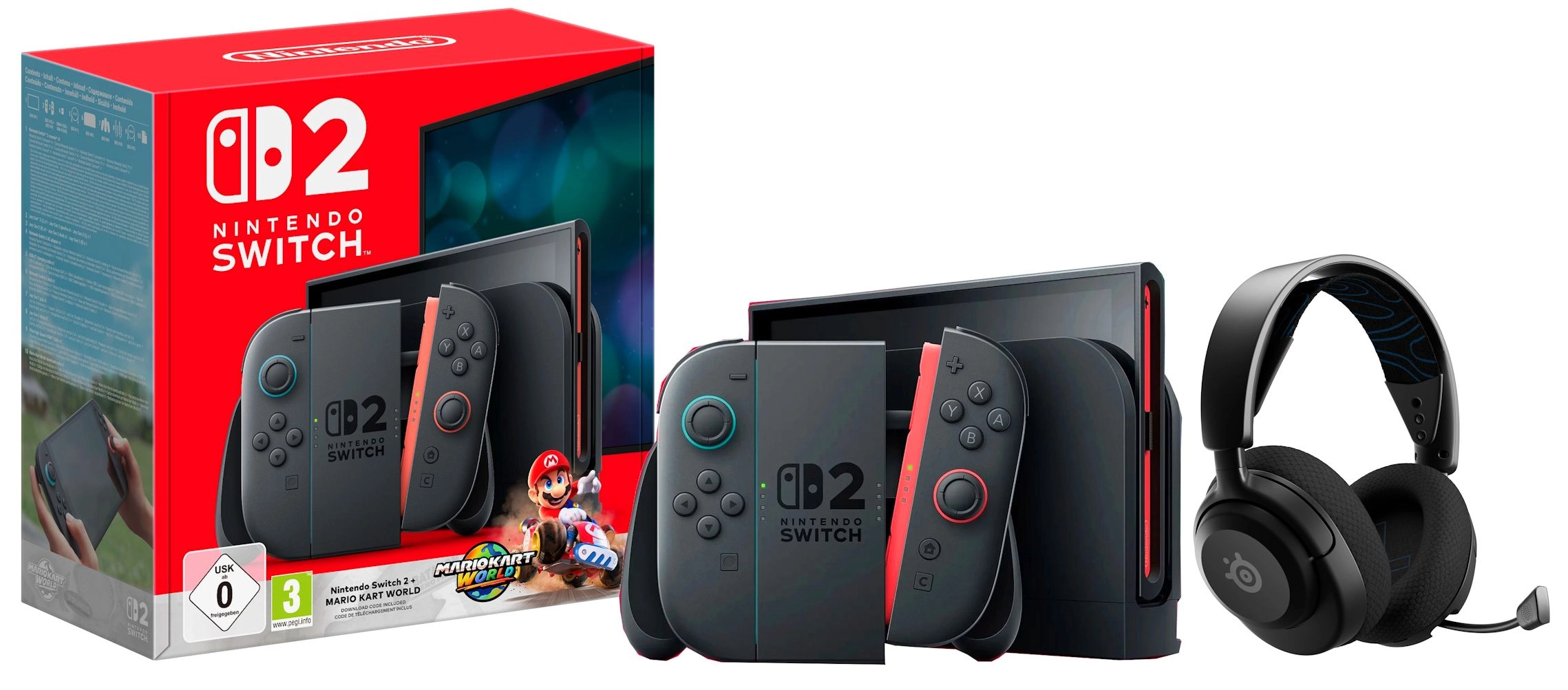 Konsola Nintendo Switch 2 Joy-Con Czarny + Mario Kart World + Słuchawki bezprzewodowe SteelSeries Arctis Nova 5P