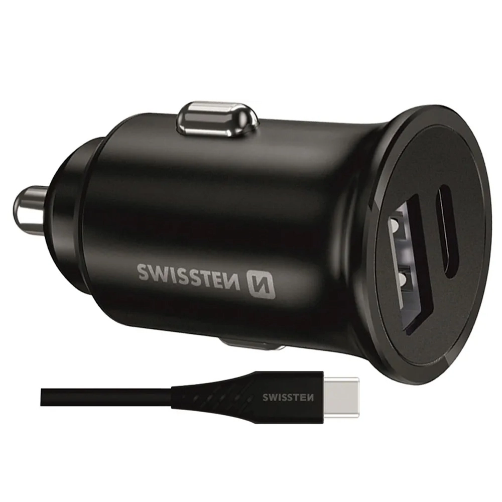 Ładowarka samochodowa Swissten 20117100 Super Fast Charging 25W + 10W USB-C 1,2m Czarny